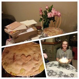 Hunky Hubs' birthday celebration- just the two of us at home and two pies (chicken pot pie and cranberry apple pie)